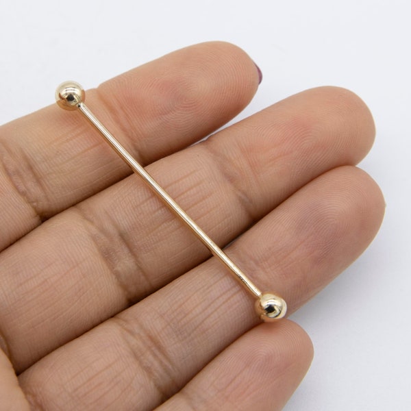 Industrial Scaffold Straight Barbell Balls Piercing 14G Real 14K Yellow Gold