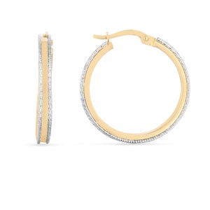 Diamond Cut Two-Tone Hoop Earrings Real 14K Yellow White Gold