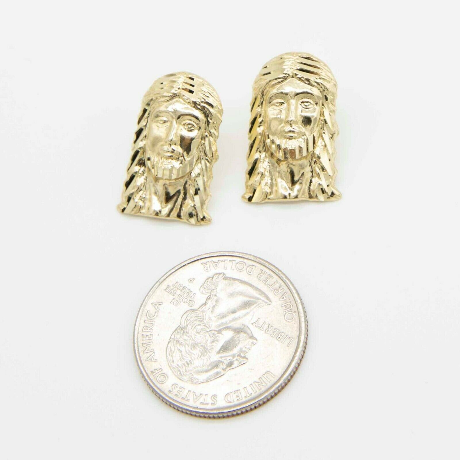 Medium 10K Yellow Gold Jesus Head Diamond Cut Stud Earrings, Solid Gold