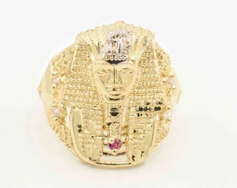 Men's Textured Pharaoh with CZ and Ruby Ring Real Solid 10K Yellow White Gold