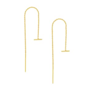 以下が含まれることがあります： 金色のチェーンのイヤリングのペア。各チェーンの上部に小さなバーが付いています。チェーンは長く、垂れ下がっています。