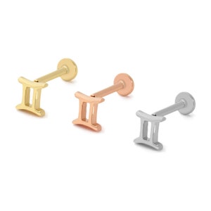 Gemini Zodiac Sign Minimalist Tragus Ear Piercing Stud Real 14K Solid Gold