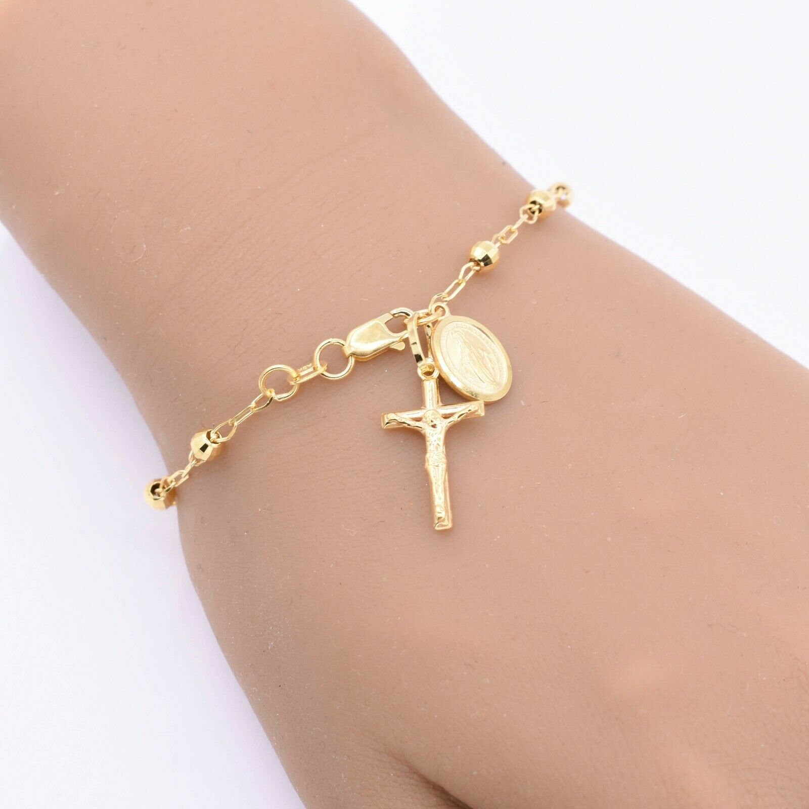 ブレスレット ROMANTINUER SN138 SIMPLE CROSS BRACELET Textured Rosary Cross Virgin Mary Bracelet Real 10K Yellow