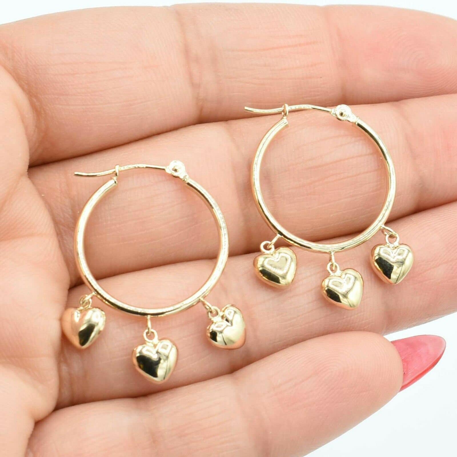 3/4" Mini Puffed Hearts Dangle Hoop Earrings Real 14K Yellow Gold
