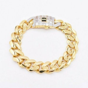 15mm Miami Cuban Royal Link Plain Bracelet Baguette Lock Real 10K Yellow Gold