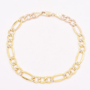 6.5mm Figaro Link Bracelet Pave Two Tone Real Genuine 10K Yellow White Gold