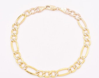 6.5mm Figaro Link Bracelet Pave Two Tone Real Genuine 10K Yellow White Gold