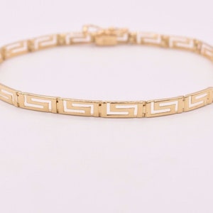 7.25&quot; Open Greek Key Shiny Bracelet Real Solid 14K Yellow Gold Hidden Lock