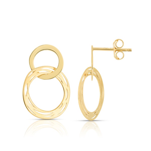 1 3/8" Shiny Interlocked Rings Drop Earrings Real 14K Yellow Gold