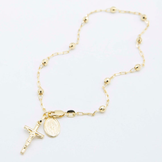 Diamond-cut Rosary Cross Virgin Mary Anklet Real 10K Yellow Gold