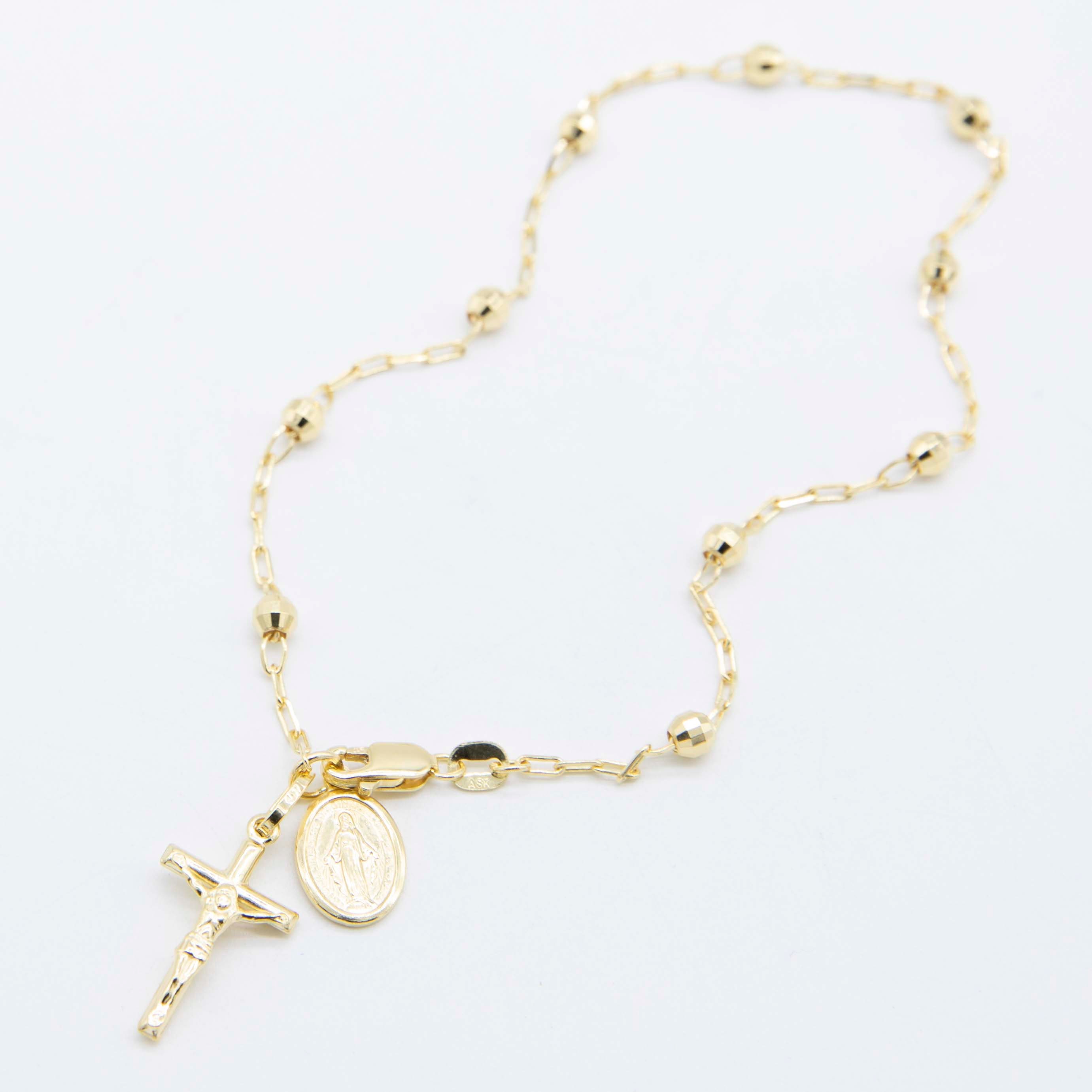 Diamond-cut Rosary Cross Virgin Mary Anklet Real 10K Yellow Gold