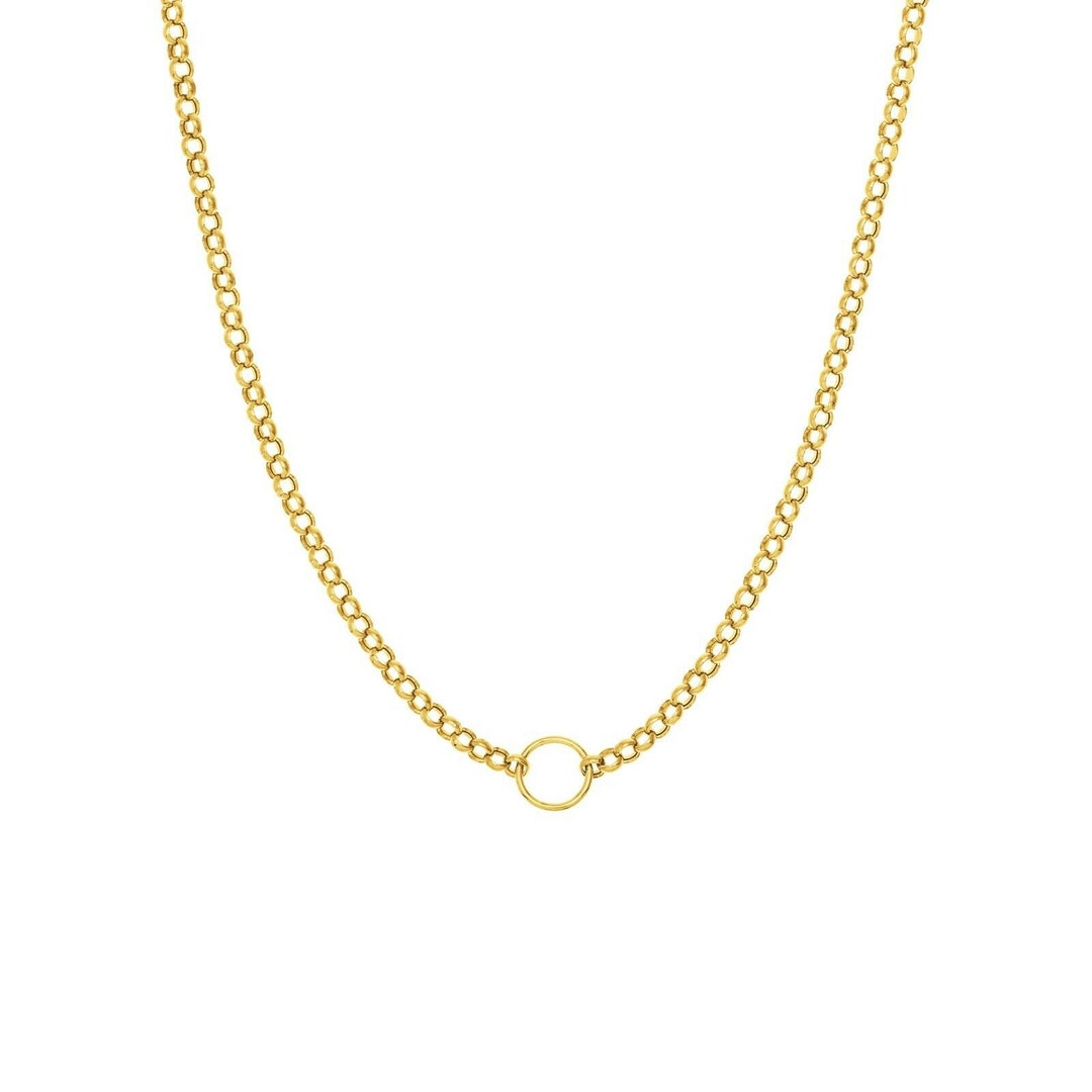 Hollow Rolo Chain With Center Ring Necklace Real 14K Yellow Gold 18