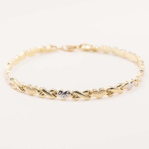 Diamond-Cut Hearts & Kisses Stampato Bracelet Real 10K Yellow White Gold 7.5&quot;