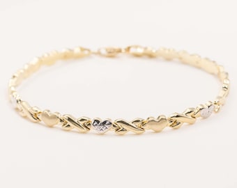 Pulsera Stampato de Corazones y Besos con Corte de Diamante, Oro Blanco Amarillo Auténtico de 10 K, 19 cm