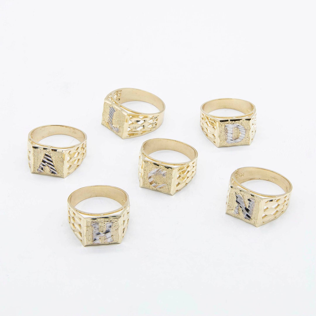 Diamond-cut Square Signet Initial Ring Real 10K Yellow White Gold - Etsy