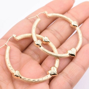 1 3/4&quot; Textured Heart Hoop Earrings Real Satin 10K Yellow Gold