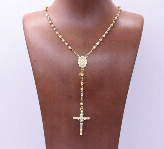 10K White Gold Real Diamond Virgin Mary 2 Row Cross Rosary Chain Necklace  10 CT | eBay