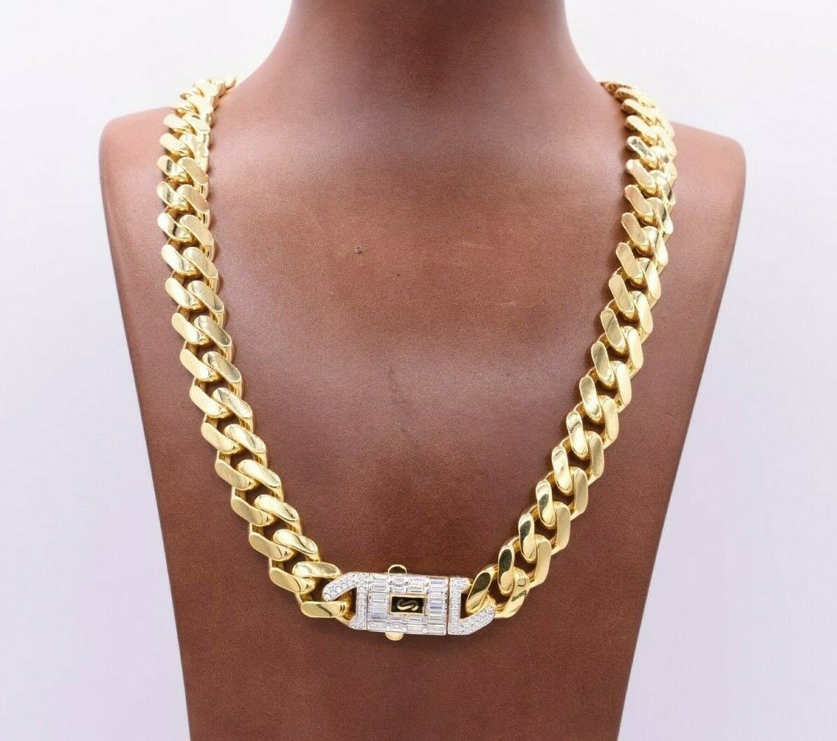 Women's Necklace/Choker - Monaco Chain Edge Baguette Lock 10K & 14K Yellow Gold Oro Monaco