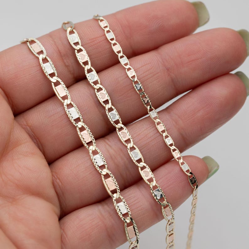 10K GOLD Heart Textured Valentino Link Chain Necklace Tri-Color Gold All Sizes image 1