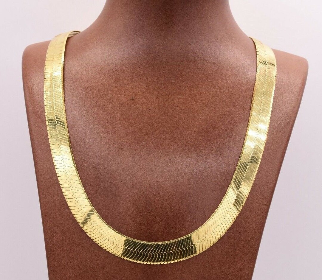 11mm Flexible Herringbone Chain Necklace Solid 14K Yellow Gold Clad