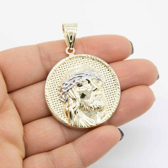 2 Diamond cut Face of Jesus Medallion Pendant Real 10K Yellow
