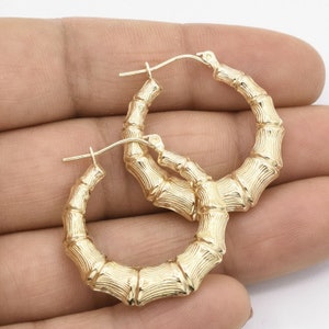 1 1/4" 30mm Graduated Diamond Cut Bamboo Hoop Earrings Real 10K Yellow Gold