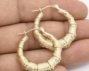 1 1/4" 30mm Graduated Diamond Cut Bamboo Hoop Earrings Real 10K Yellow Gold