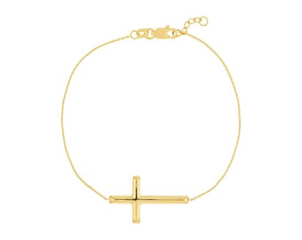 Sideways Cross Bracelet Real 14k Yellow Gold 7.5"