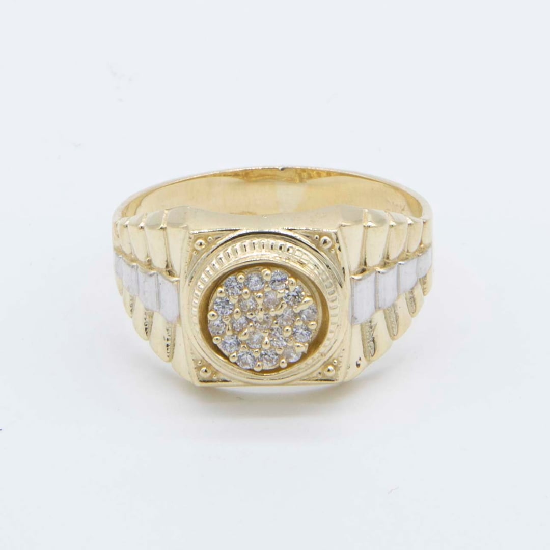 10K CZリング Men's Unisex Railroad Round CZ Ring Real Solid 10K Yellow White