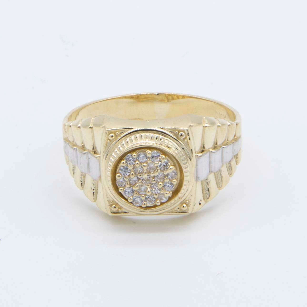 10K CZリング Men's Unisex Railroad Round CZ Ring Real Solid 10K Yellow White