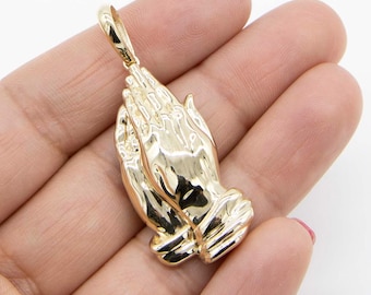 2" Polished Praying Hands Pendant Real 10K Solid Yellow Gold