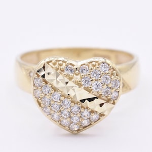 Women&#39;s Textured Heart CZ Engagement Ring Real Solid 10K Yellow Gold