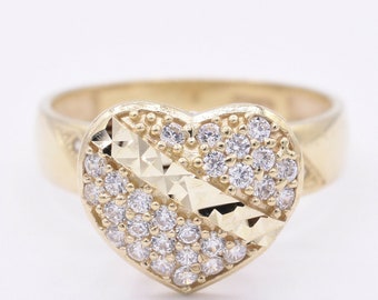 Women's Textured Heart CZ Engagement Ring Real Solid 10K Yellow Gold