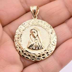 Virgin Mary Diamond Cut Nugget Medallion Pendant Real Solid 10K Yellow Gold