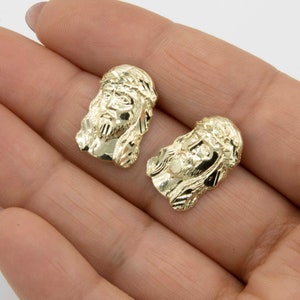 3/4&quot; Jesus Head Diamond Cut Stud Earrings Real Solid 10K Yellow Gold