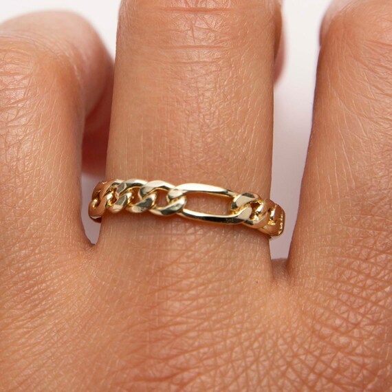 9ct Yellow Gold On Silver Figaro Chain Band Ring – Sizes K–S – Old English Jewellers