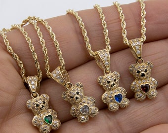 3/4" CZ Teddy Bear Heart Pendant Necklace 14K Yellow Gold All Sizes