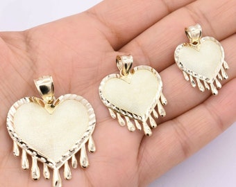 Diamond-Cut Heart with Drops Pendant Charm Real 10K Yellow Gold ALL SIZES