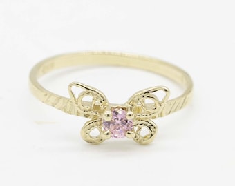 Niños Rosa Amatista Mariposa Pinky Ring Real 10K Amarillo Oro Talla 4