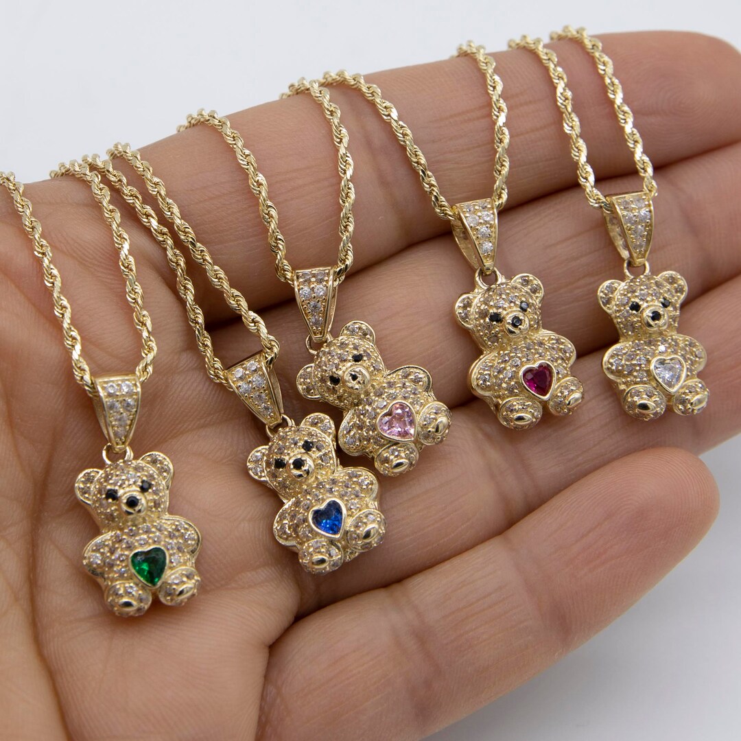 1 CZ Teddy Bear Heart Pendant Necklace 14K Yellow Gold All Sizes Etsy