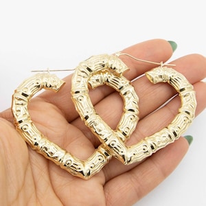 2&quot; Heart Bamboo Hoop Earrings Real 10K Yellow Gold