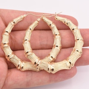 2 1/4&quot; Graduated Large Diamond Cut Bamboo Hoop Earrings Real 14K Yellow Gold