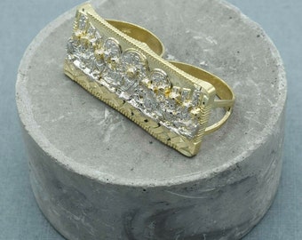 Double Finger Rectangle Last Supper Textured Ring Real 10K Yellow