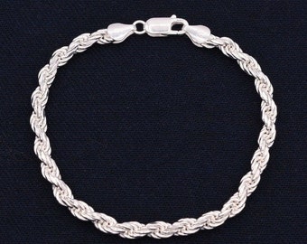 Pulsera de cadena de eslabones con corte de diamante de 4,5 mm, plata esterlina 925 auténtica y maciza, 7" y 8"