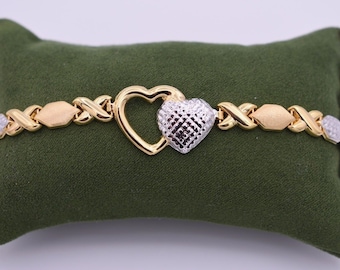 7" Hearts & Hugs Bracelet Stampato 14K Yellow White Gold Clad Silver XOXO 925