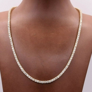 3mm Round Cut CZ Tennis Chain Necklace Real 14K Yellow Gold Clad Silver 925