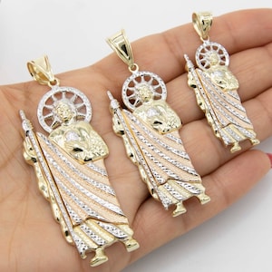 Pingente St. Jude com corte de diamante, sólido real, ouro tricolor 10K, todos os tamanhos