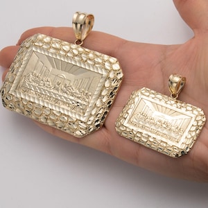 Rectangle Last Supper Textured Nugget Charm Pendant Real Solid 10K Yellow Gold