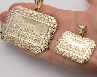 10K Solid Yellow Gold Diamond Cut Rectangle Picture Frame Last Supper Charm Pendant. 3 Sizes