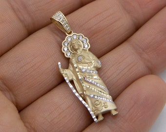 1 1/2" Diamond-Cut St. Jude CZ Halo Pendant Solid Real 14K Yellow Gold